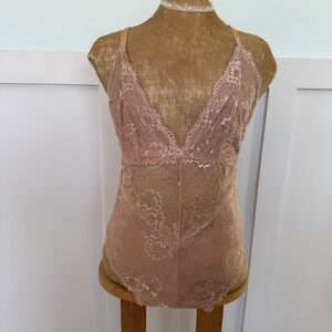 Avidlove Lace Bodysuit Women's MED Nude Beige Lingerie Shimmer Semi Sheer